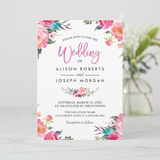 Classy Floral Blossom Waterverf Flowers Wedding Kaart (Staand voorkant)