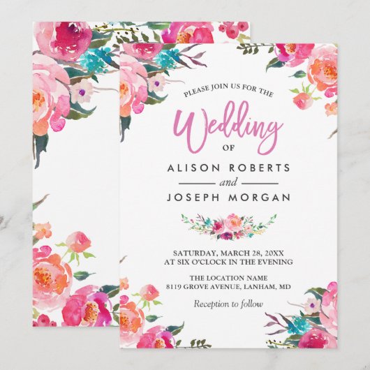 Classy Floral Blossom Waterverf Flowers Wedding Kaart (Voorkant / Achterkant)