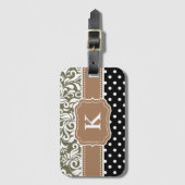 Classy Floral Damask Polka Dots Tan Monogram Name Bagagelabel (Voorkant (verticaal))