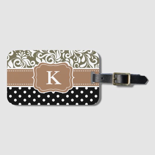 Classy Floral Damask Polka Dots Tan Monogram Name Bagagelabel (Voorkant (horizontaal))