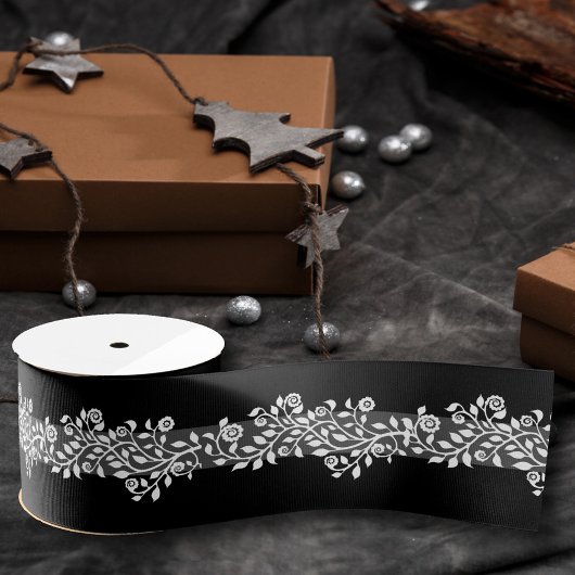 Classy  Floral Elegant Black White Grey Grosgrain Lint