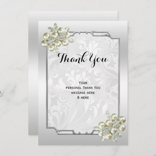 Classy Floral Gem, Zilveren ingelijste bruiloft Bedankkaart (Voorkant / Achterkant)