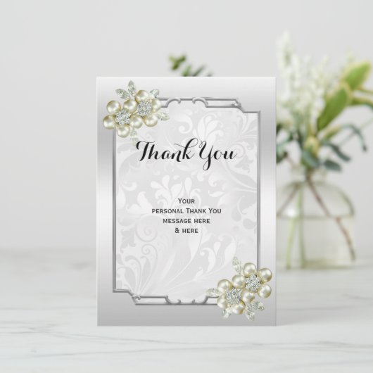 Classy Floral Gem, Zilveren ingelijste bruiloft Bedankkaart (Staand voorkant)