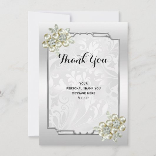 Classy Floral Gem, Zilveren ingelijste bruiloft Bedankkaart (Voorkant)