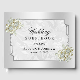Classy Floral Gem, Zilveren ingelijste bruiloft Gastenboek