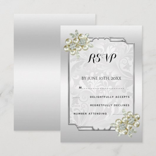 Classy Floral Gem, Zilveren ingelijste bruiloft RSVP Kaartje (Voorkant / Achterkant)