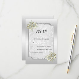 Classy Floral Gem, Zilveren ingelijste bruiloft RSVP Kaartje