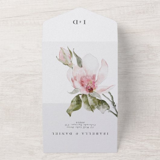Classy Floral Magnolia Waterverf Wedding All In One Uitnodiging (Buitenkant)
