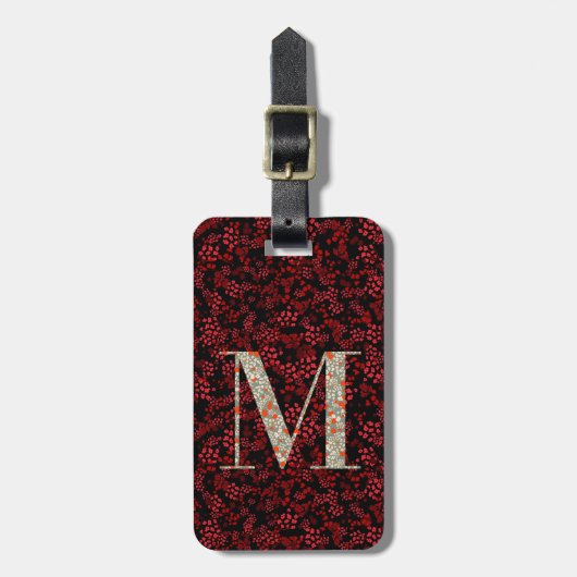 Classy Floral Monogrammed Letter M donkerrood Bagagelabel (Voorkant verticaal)