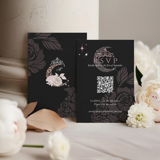Classy Floral Moon Stars Tiara Quinceañera QR Code RSVP Kaartje