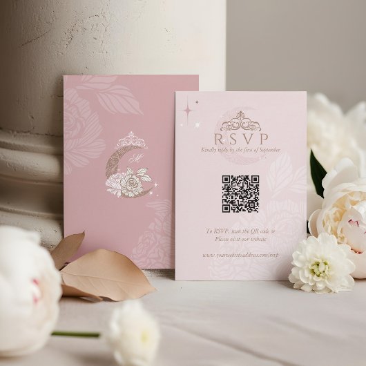 Classy Floral Moon Stars Tiara Quinceañera QR-code RSVP Kaartje