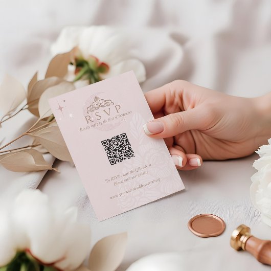 Classy Floral Moon Stars Tiara Quinceañera QR-code RSVP Kaartje