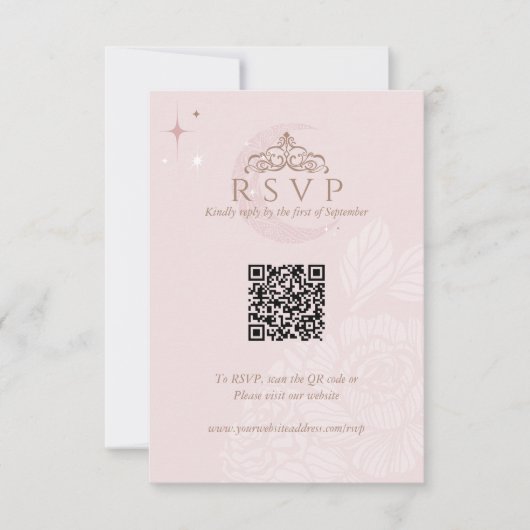 Classy Floral Moon Stars Tiara Quinceañera QR-code RSVP Kaartje (Voorkant)
