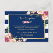 Classy Floral Navy Blue Stripes Wedding Reception Informatiekaartje (Voorkant)