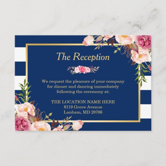 Classy Floral Navy Blue Stripes Wedding Reception Informatiekaartje (Voorkant)