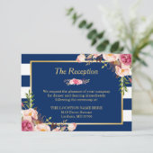 Classy Floral Navy Blue Stripes Wedding Reception Informatiekaartje (Staand voorkant)