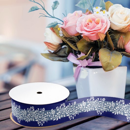 Classy  Floral Print Boho Navy & Dusty Blue Grosgrain Lint