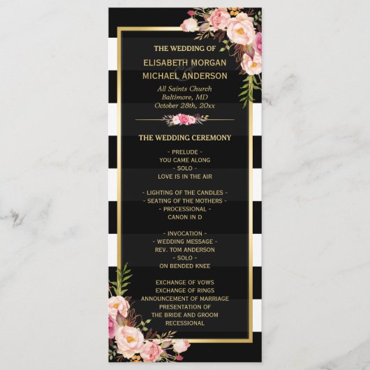 Classy Floral Stripes Gold Lijst Wedding Program Programmakaart (Voorkant)