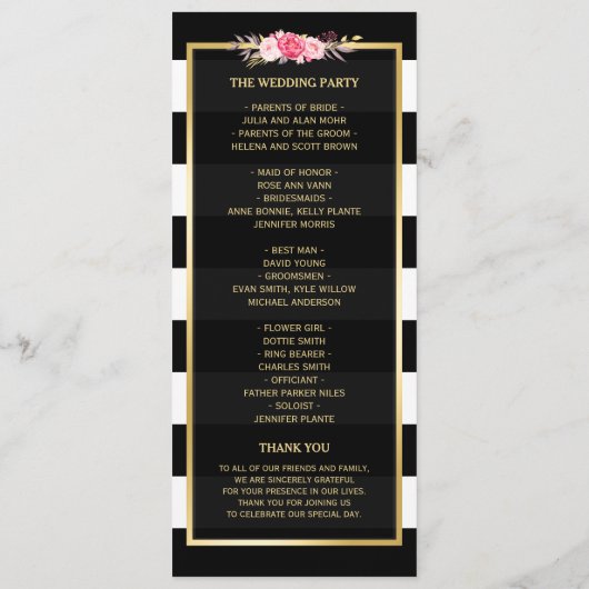 Classy Floral Stripes Gold Lijst Wedding Program Programmakaart (Achterkant)