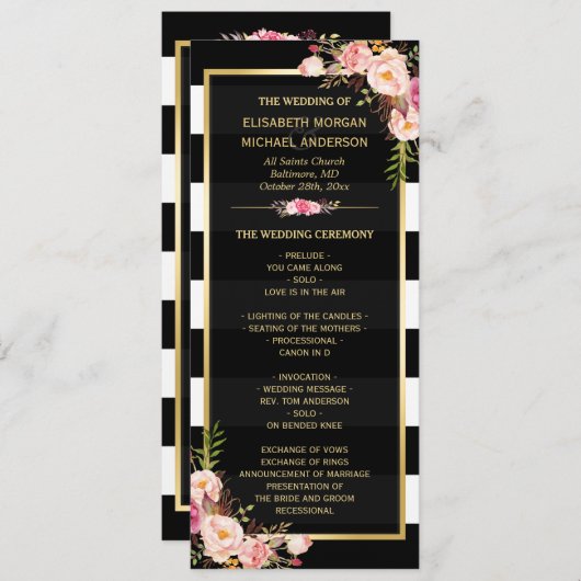 Classy Floral Stripes Gold Lijst Wedding Program Programmakaart (Voorkant / Achterkant)
