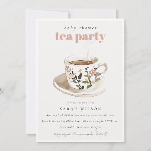 Classy Floral Tea Cup Baby shower Tea Party Kaart (Voorkant)
