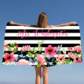 Classy Floral Waterverf Black White Striped Strandlaken