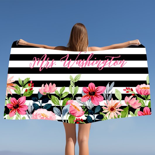 Classy Floral Waterverf Black White Striped Strandlaken