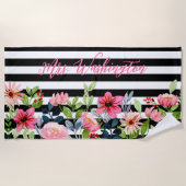 Classy Floral Waterverf Black White Striped Strandlaken (Voorkant)