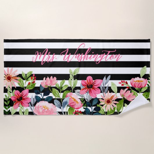 Classy Floral Waterverf Black White Striped Strandlaken (Voorkant)