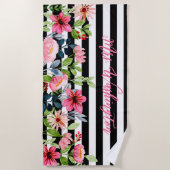 Classy Floral Waterverf Black White Striped Strandlaken (Voorkant)