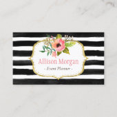 Classy Floral Waterverf Black White Striped Visitekaartje (Voorkant)