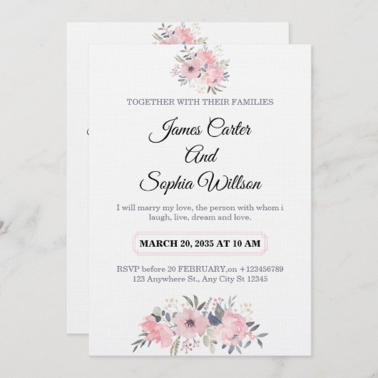 Classy Floral Wedding Invitation elegant card Kaart (Voorkant / Achterkant)