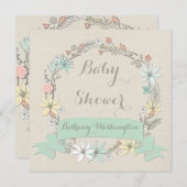 Classy Floral Wreath en Banner Baby shower Kaart (Voorkant / Achterkant)