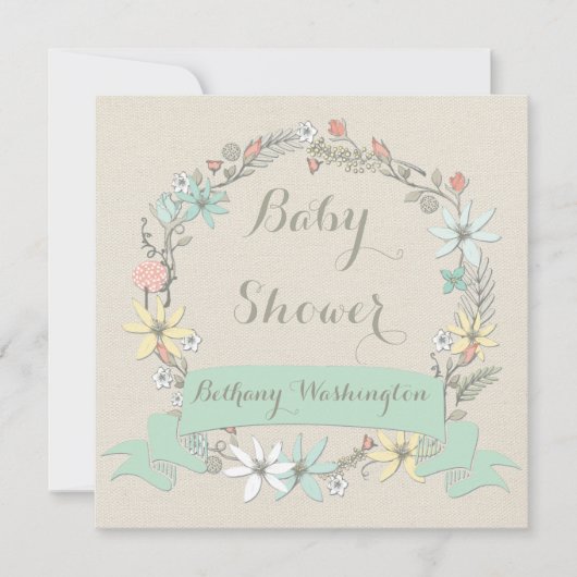 Classy Floral Wreath en Banner Baby shower Kaart (Voorkant)