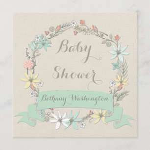 Classy Floral Wreath en Banner Baby shower Kaart