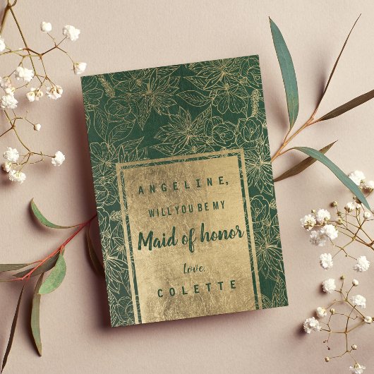 Classy forest green gold floral Maid of Honor Kaart