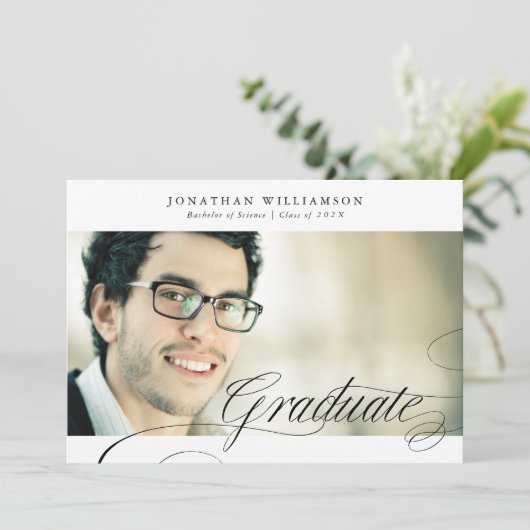 Classy Formal Elegant Script Afstuderen twee foto Aankondiging (Staand voorkant)