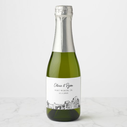 Classy Fort Worth Trouwgunst Custom Mini Sparkling Wijnetiket (Voorkant)