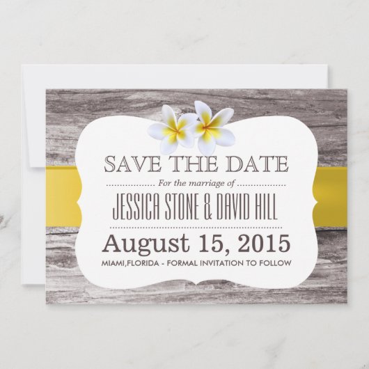 Classy Frangipani Flowers wood sparen de datum Save The Date (Voorkant)
