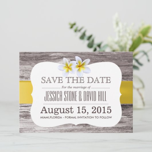 Classy Frangipani Flowers wood sparen de datum Save The Date (Staand voorkant)