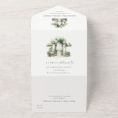 Classy Frans Tuin Landschap Waterverf Bruiloft All In One Uitnodiging (Buitenkant)