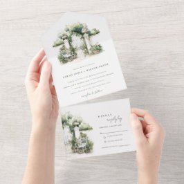 Classy Frans Tuin Landschap Waterverf Bruiloft All In One Uitnodiging