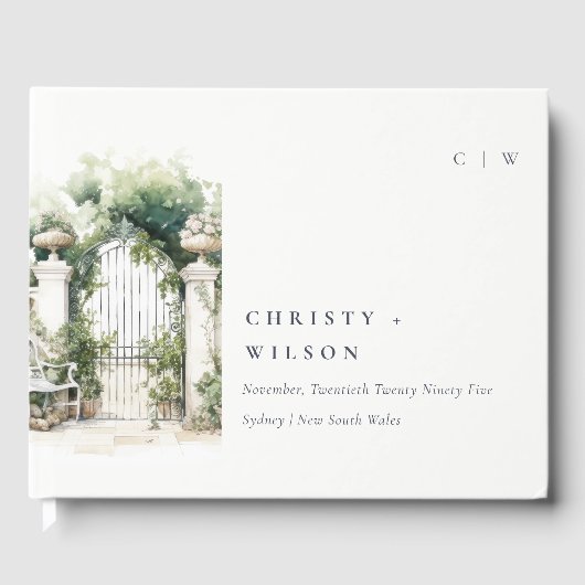 Classy Frans Tuin Landschap Waterverf Bruiloft Gastenboek (Voorkant)