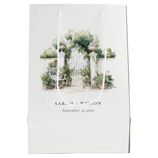 Classy Frans Tuin Landschap Waterverf Bruiloft Medium Cadeauzakje (Achterkant)