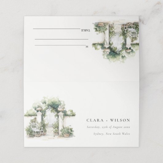 Classy Frans Tuin Landschap Waterverf Bruiloft Plaatskaartje (Buitenkant ongevouwen)