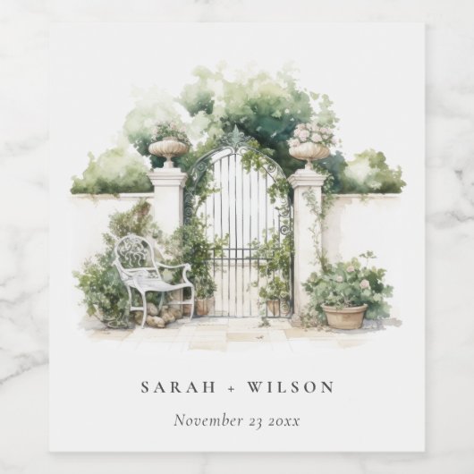 Classy Frans Tuin Landschap Waterverf Bruiloft Wijn Etiket (Enkel label)