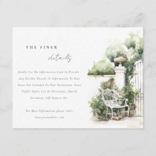 Classy Franse tuin landschap bruiloft detail Informatiekaartje (Voorkant)