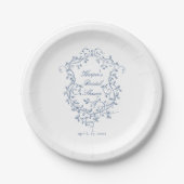 Classy French Blue Floral Crest Vrijgezellenfeest Papieren Bordje (Voorkant)