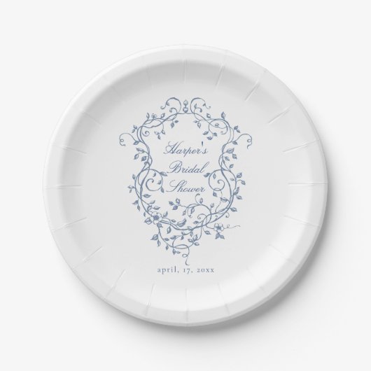 Classy French Blue Floral Crest Vrijgezellenfeest Papieren Bordje (Voorkant)
