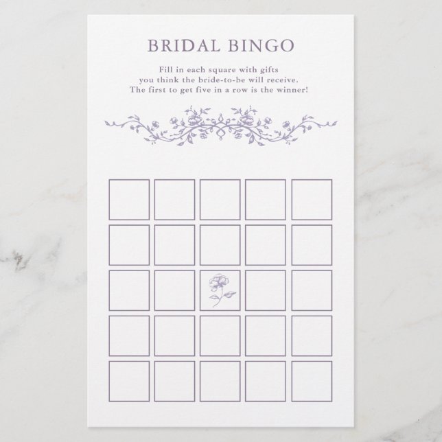 Classy French Lavender Floral Bridal Bingo Game  (Voorkant)